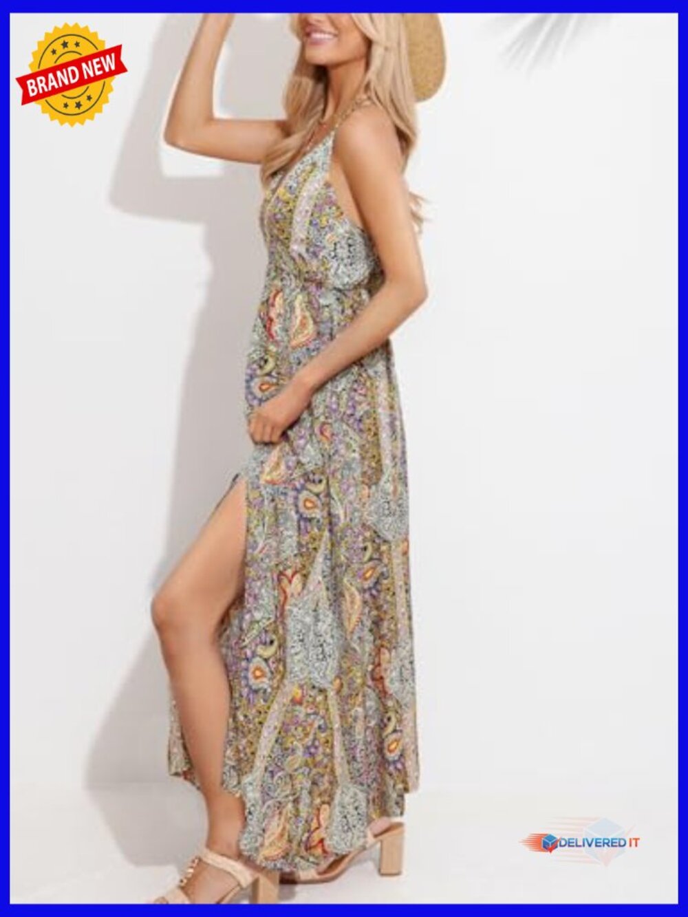 Sleeveless Maxi Dress with Spaghetti Straps, V-Neck, A-Line, Flowy Beach - Picture 3 of 4